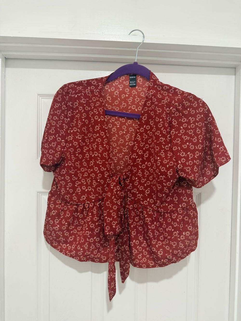 SHEIN Red Floral Tie-Front Short Sleeve Blouse